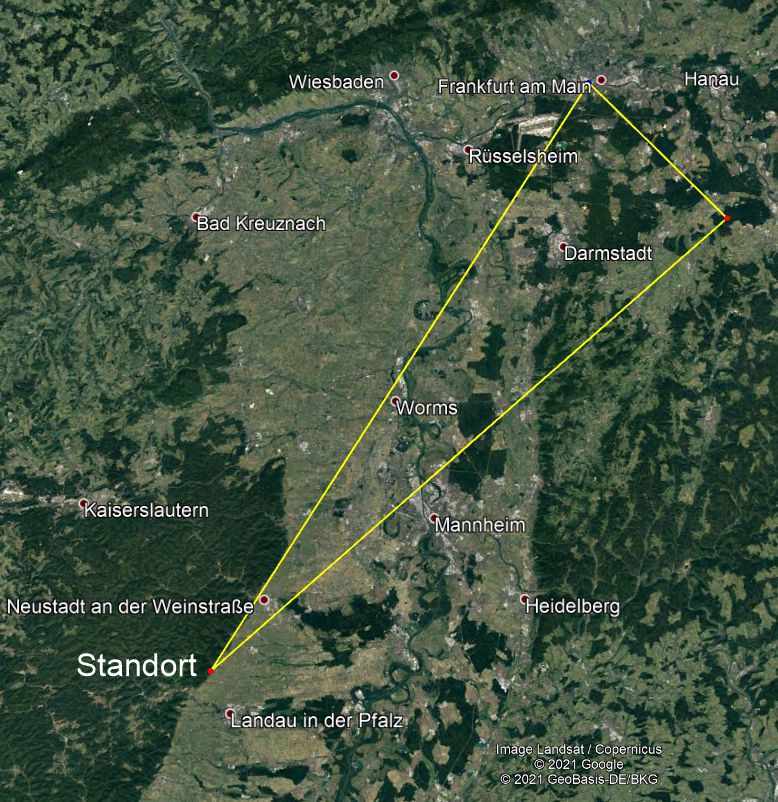 Karte mit dem Standort und dem Blickfeld des Panoramafotos quer durch den Oberrheingraben