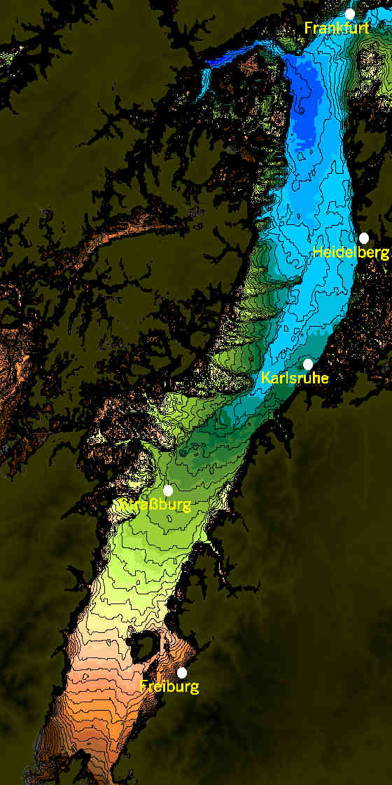 geschummerte Karte des Oberrheingrabens, Detail der Ebene