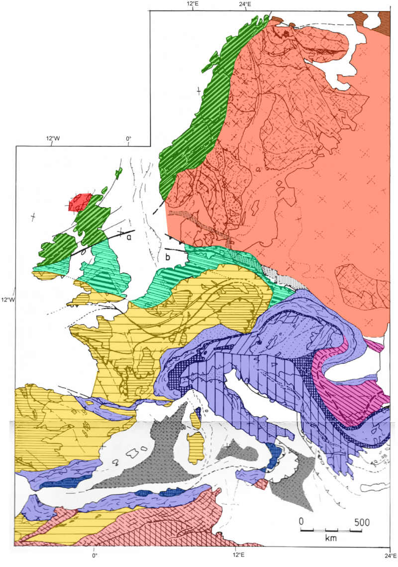 Karte der Gebirgsbildungen in Europa