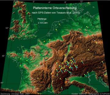 Mitteleuropakarte mit platteninterner Ortsverschiebung nach GPS-Daten