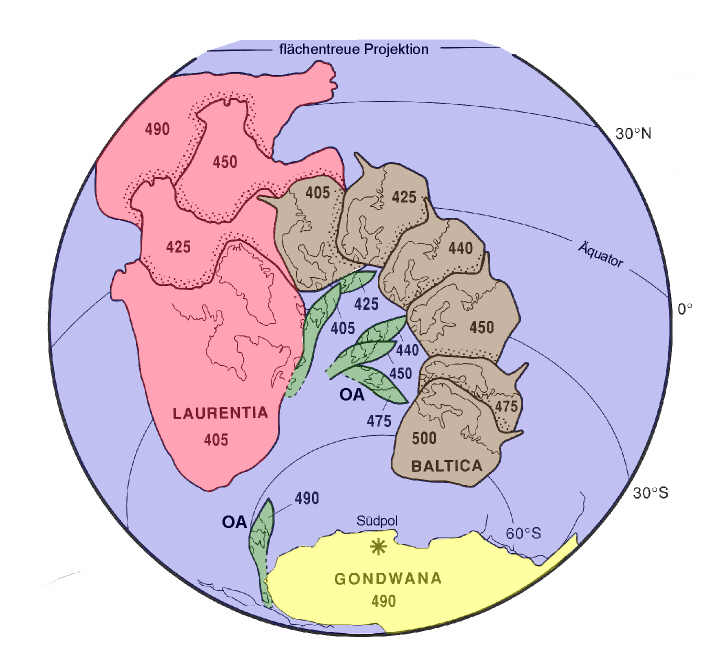 Abbildung zeigt die Position der alten Kontinente Baltica, Laurentia und Ost-Avalonia